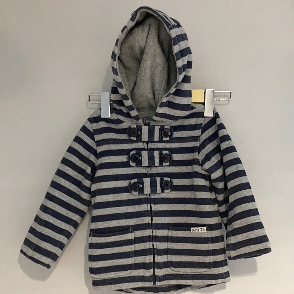 ROOTS Hooded Fleece vest navy blue and gray striped Size 2T